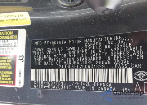 2011 Toyota Corolla Le z USA, uszkodzony, nr VIN 2T1BU4EE2BC634329